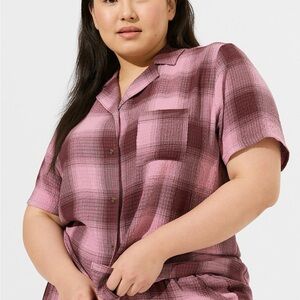 Torrid Gauze Button Through Epic Plaid Short Sleeve Pocket Sleep Shirt‎ Pink 0